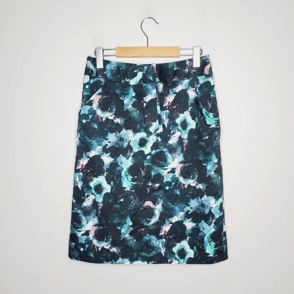 Milly Skirt Italian Fabric Teal Floral Bow Detail Abstract Pencil 6 - Picture 3 of 11